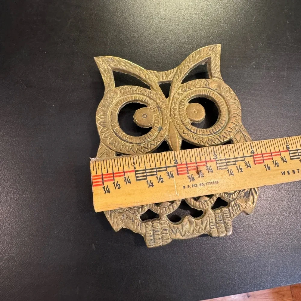 Vintage Owl Trivet Kitchen Home Decor Gold Brass Mid Century Taiwan 5.5in